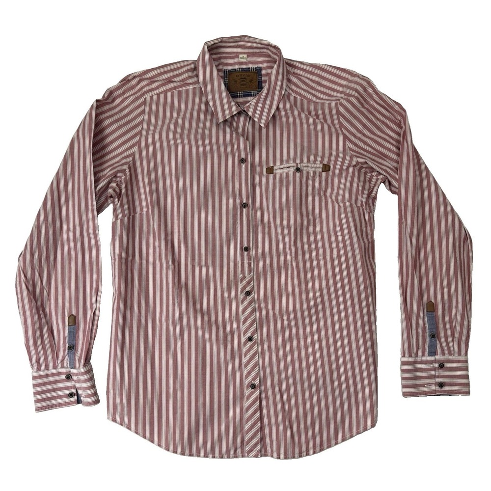 Orvis Women's Medium Dusty Rose Striped Shirt Leather Trim Long Sleeve Button Up